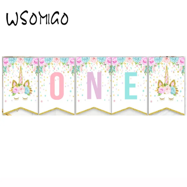 Baby Shower One Garlands Cartoon Unicorn 1st Birthday Banner For