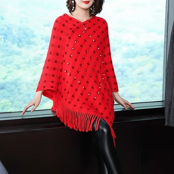 

New winter 2018 pullover sweater shawl cloak female loose bat type tassel plus size knitwear women casual knitting clothes bead