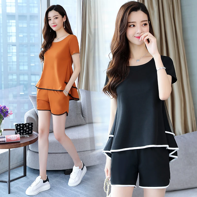 

2019 Summer wear new large size ladies Korean fashion short sleeve sweatshirt top & shorts two-piece outfit vestido M -5XL
