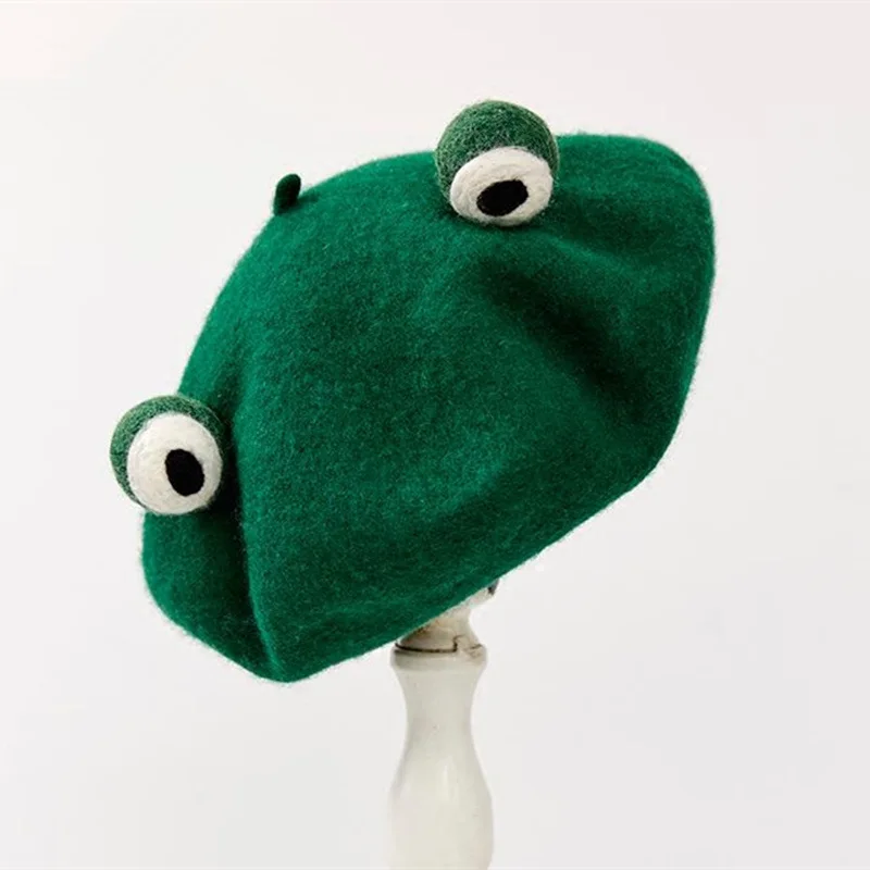 

Original Autumn And Winter New Pattern Manual Wool Blanketry Lovely Funny Frog Beret Break Up Gift Send One Top Green Hat