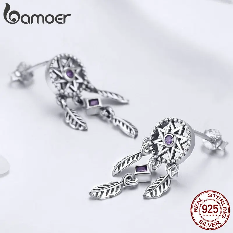 BAMOER 925 Sterling Silver Vintage Dream Catcher Drop Earrings for Women Purple Cubic Zircon Sterling Silver Jewelry SCE502