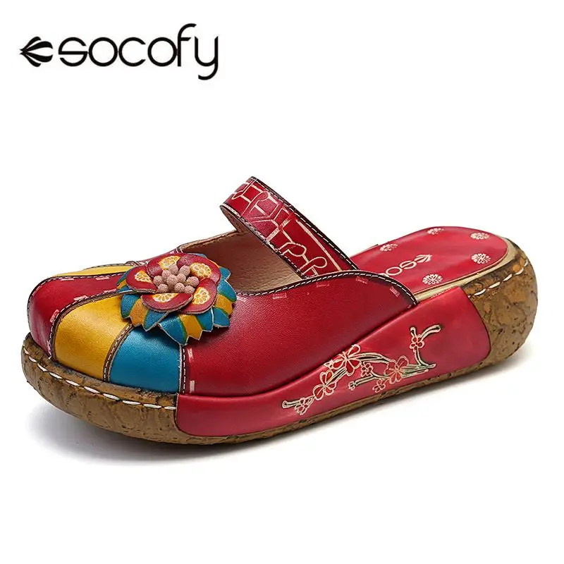

SOCOFY Retro Splicing Colorful Genuine Leather Handmade Floral Stitching Casual Platform Sandals Retro Summer Shoes Ladies Shoes
