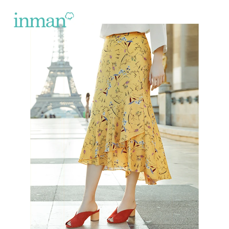 

INMAN 2019 Spring New Arrival High Waist Slim Literary Floral Retao Holiday Style Casual A-line Women Long Skirt
