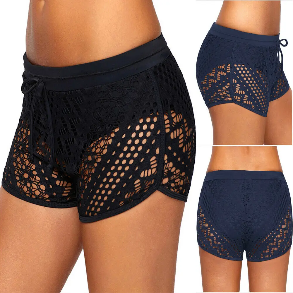 

Sexy Womens Black Lace Beach Shorts Hollow Out Swimsuit 2019 Tankini Swim Board Shorts Beach Bottom Swimming Panty Plus Size 2XL