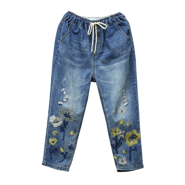 US $22.30 Capris Womens High Waist Jeans Woman Denim Pant Summner 2020 Vintage Loose Ripped Hole Embroidery P