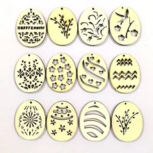 50PCS Happy Easter Eggs Wooden Craft Easter Decorations For Home 40*30mm DIY Wood Chips Easter Eggs Hanging Ornaments B