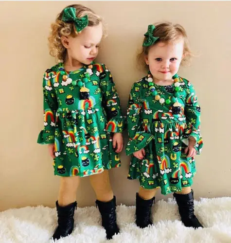 

Long Sleeve CLOVER Print Dress For Toddler Girl Autumn Winter Clothes