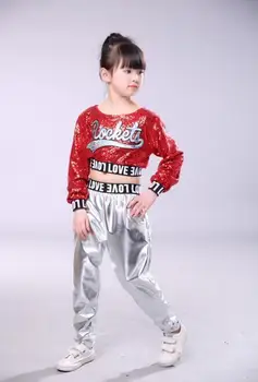 

Red Kids Children Sequin Hip Hop Dance Costume Sparkly Stage Jazz Dance Costumes Suit Girls Crop Top and Pants
