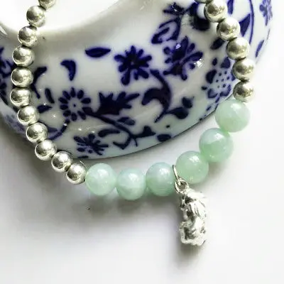 

Pure 925 Sterling Silver 5mm Bead with 8mm Grade A Jade Jadeite Bead Bracelet