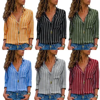 

6 Style Striped Women V-neck Long Sleeve Blouse Autumn Casual Loose Shirts Fashion Baggy Button Down Turn Down Collar Tops Shirt