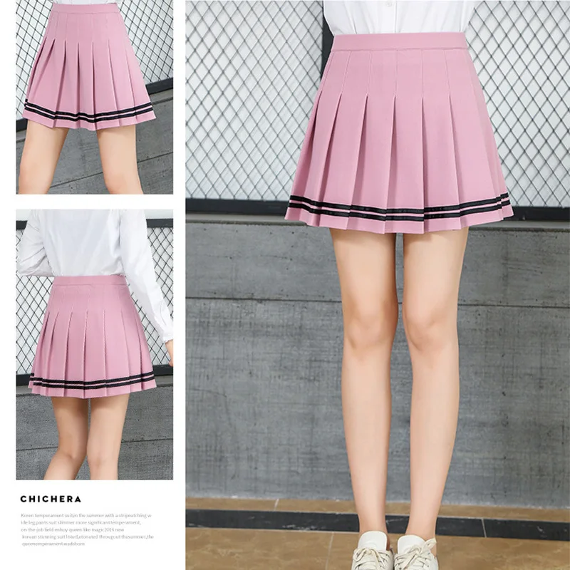 

2019 Suit-skirt Pleated Half-body Solid Color cos Skirt Literature stripe legging mini Skirt Schoolgirl 3XL
