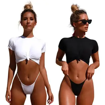 

2pcs Female New Sexy Solid Color Swimwear Short T-shirt Sleeve Bikini Set Women Summer Padded Split Beach Bathing Suit
