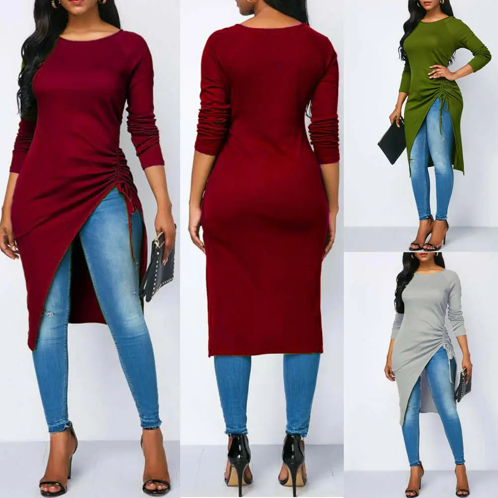 

Brand Hot New Women Long Sleeve Irregular Slit Long Tops Casual Shirts Club Party T-shirt Clothing O-neck Plain Skinny Clothes