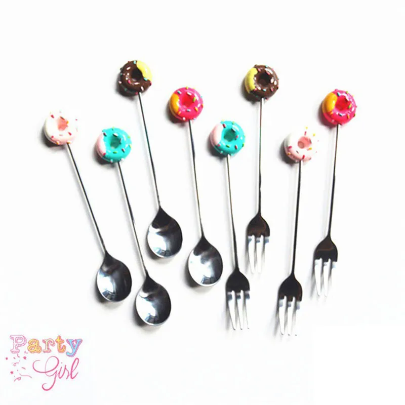 

Stainless Steel Coffee Spoon & Fruit Fork Cute Cartoon Doughnut Donuts Decorating Dessert Spoon Kitchen Tableware Tools