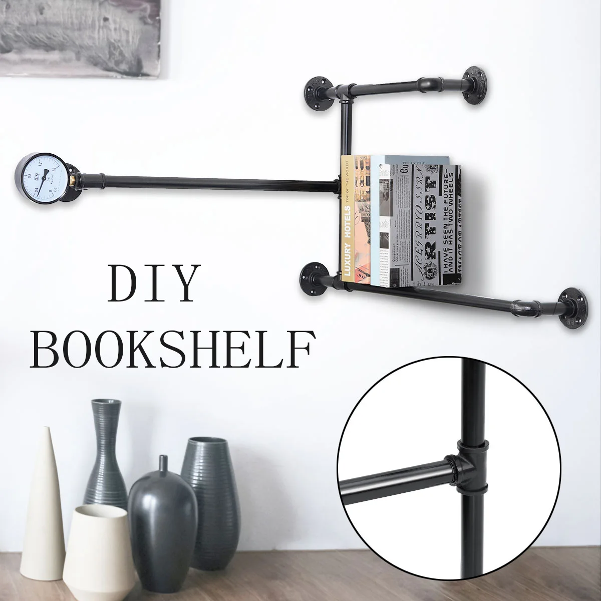 

Wall Hanging OneTiers Iron Pipe Book Shelf Retro Art Display Shelves Bookcase Decorative Bookshelf For Living Room Bedroom