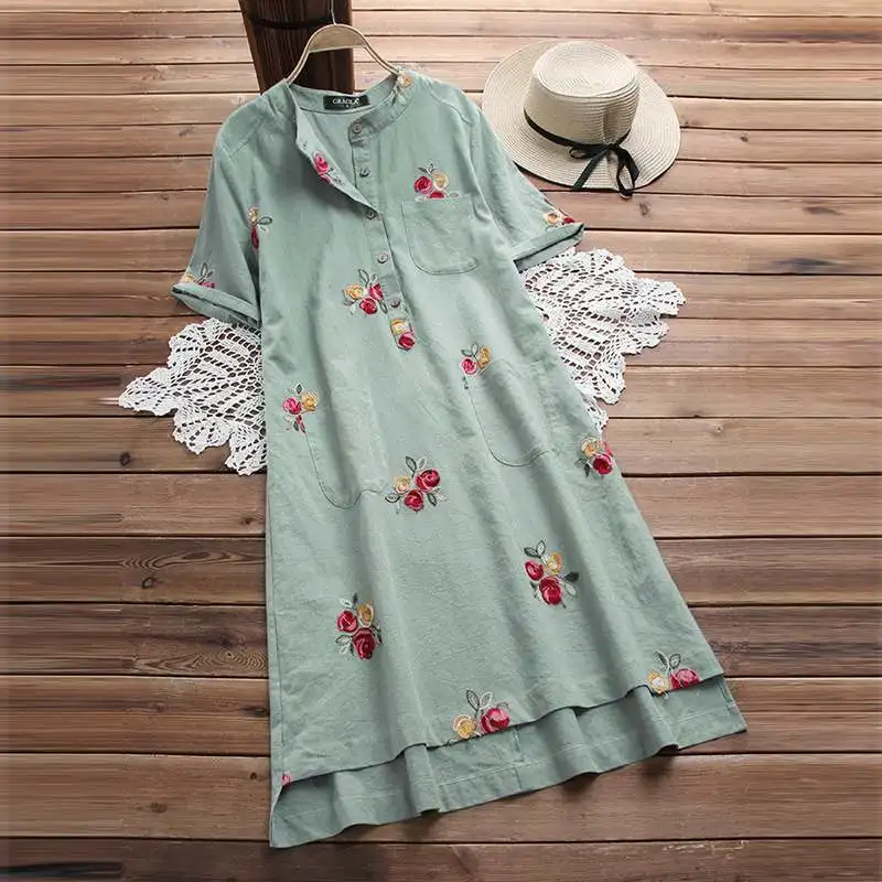 Beste M 5XL 2019 Zomer Borduren Lange Shirt Jurk Casual Korte Mouw Katoen Linnen Loose Zonnejurk Vrouwen Vintage Party Vestido Femme