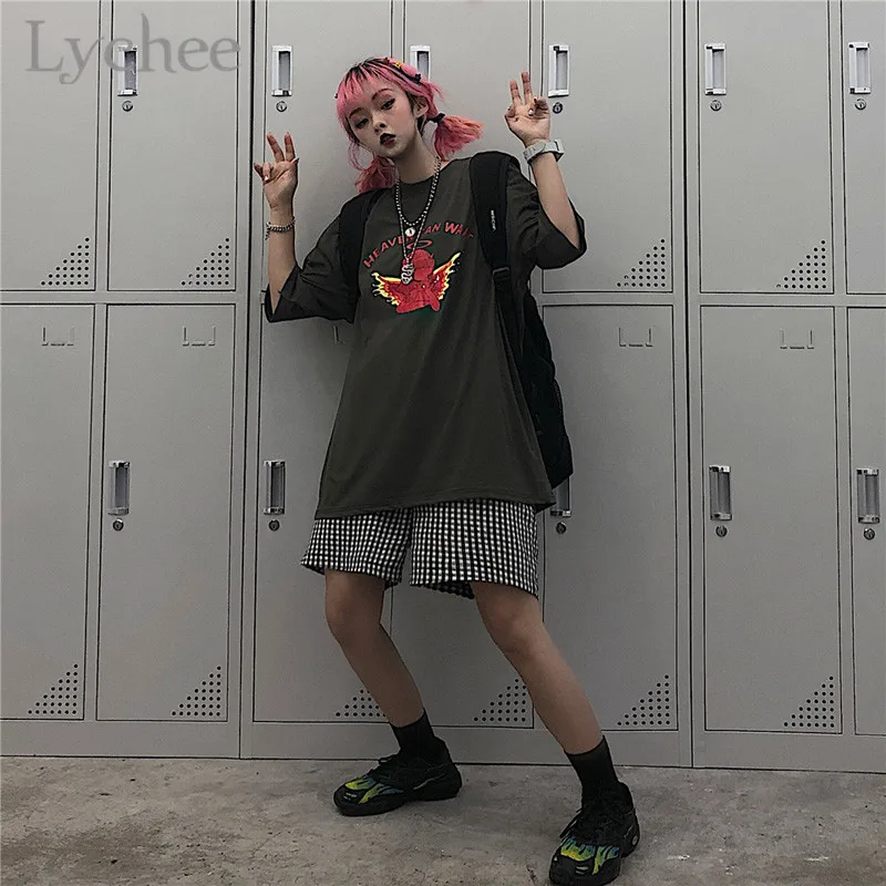 Lychee уличная женская футболка с принтом демона и буквами футболки круглым вырезом