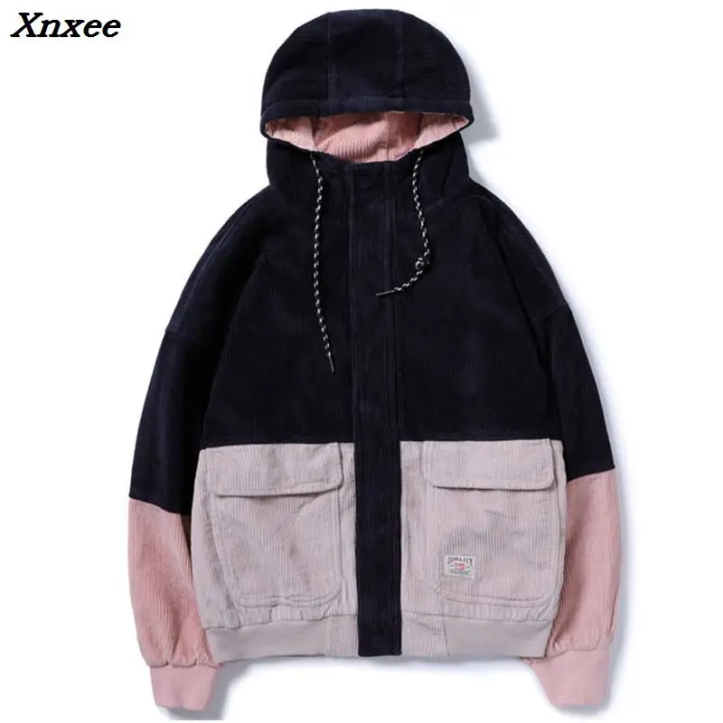 Xnxee 2018 Autumn Color Block Patchwork Corduroy Hooded Jackets Men Hip Hop Hoodies Coats Male Casual Streetwear Outerwear Xnxee blue yellow color decorative block patchwork tops with pants three quarter sleeves men s set male nigerian fashion wear