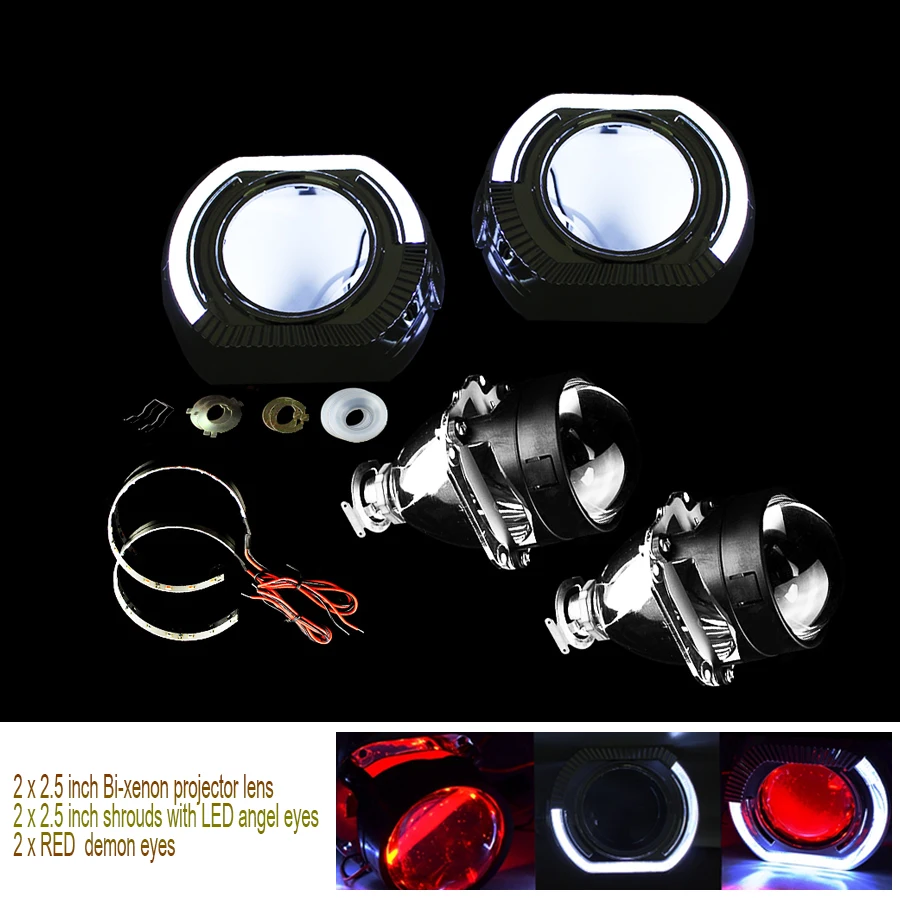 

2.5 Inch Bi Xenon Lens Projector White LED Angel Eyes + Red Demon Eyes for H4 H7 Retrofit Car Assembly Kit