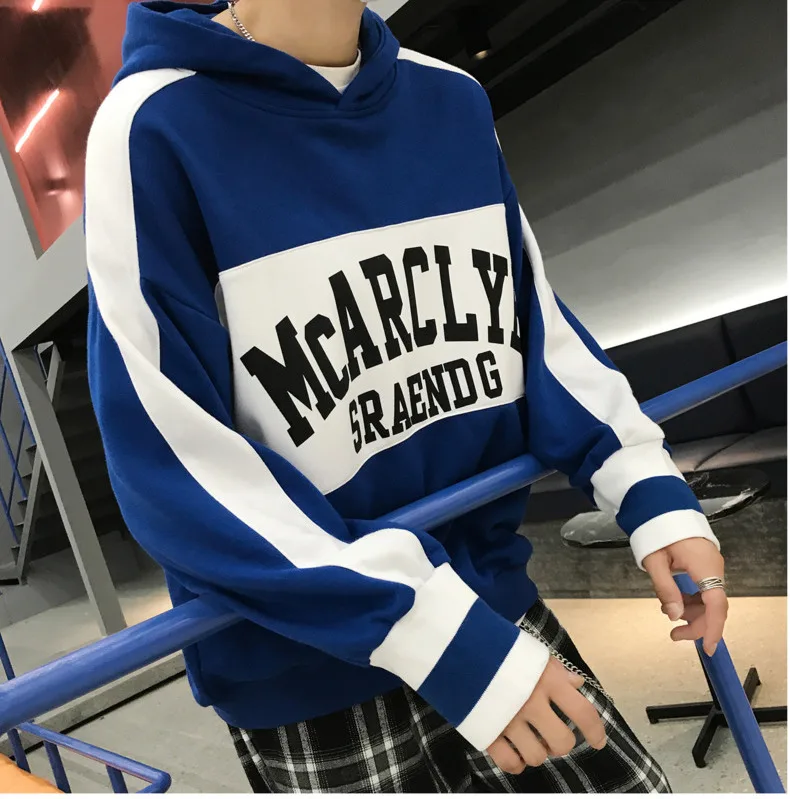 

Men's Sweatshirt 2019 Spring New Hong Kong Style Print Loose Couples Pullover Ribbon Splicing Sweatshirt Youth Casual Men's Wear