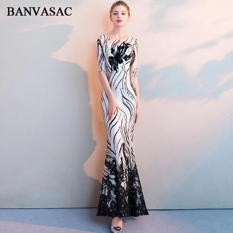 

BANVASAC 2018 Lace Half Sleeve Flowers Appliques Mermaid Long Evening Dresses Party Sequined Illusion O Neck Prom Gowns