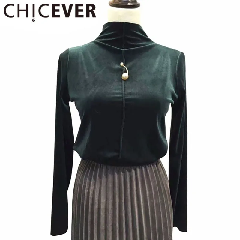 

CHICEVER Turtleneck Velvet Female T-shirt For Women Top Long Sleeve Autumn Winter Clothes Korean Fashion Black New 2019