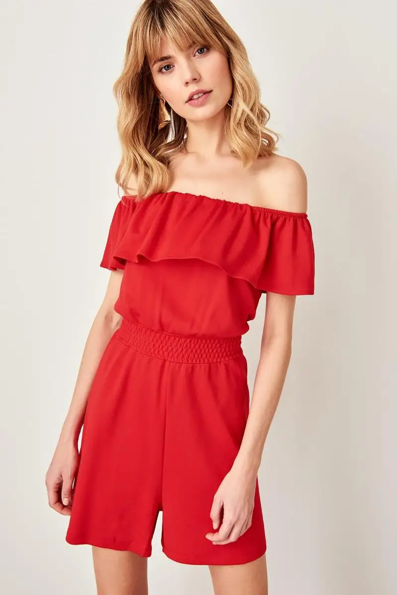 Trendyol красный трикотажный комбинезон с рюшами TWOSS19VG0164 |