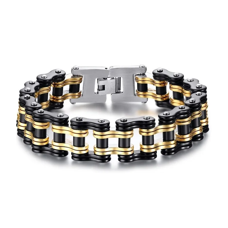 

Steampunk Bike Bicycle Chain Bracelet Stainless Steel Black Gold Tone Motorcycle Link Men Pulseira Heavy Metal 8"
