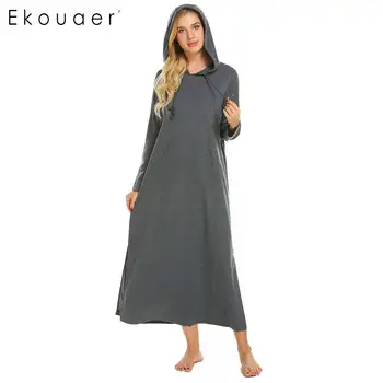 

Ekouaer Women Long Nightdress Casual Solid Split Hem O-Neck Long Sleeve Hooded Nightgown Sleepshirt Female Sleepwear Dress