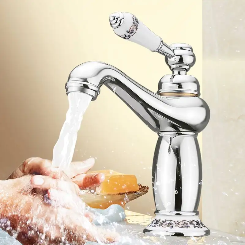 

Upscale Retro European Bathroom Basin Faucets Mixer Tap Ceramic Decoration Plating Single Handle Hot and Cold Deck Mounted