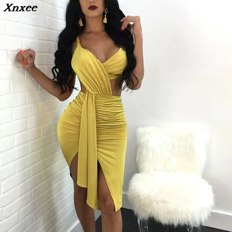 

Xnxee New 2019 Fshion Yellow sexy Irregular Backless V-Neck Dress Winter Women Dresses Party Dress Vestidos