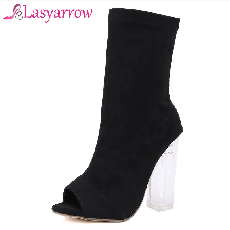 

Lasyarrow Gladiator Summer Boots Stretch Sock Boots Sexy Peep Toe High Transparent Heels Block Heel Short Ankle Boots Black J141