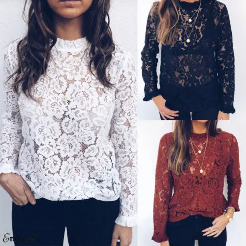 

Newly Spring Women Corset Loose Casual Floral Petal Lace Round Neck Chiffon Long Sleeve Lace Blouse Shirt Tops Ladies Blouses