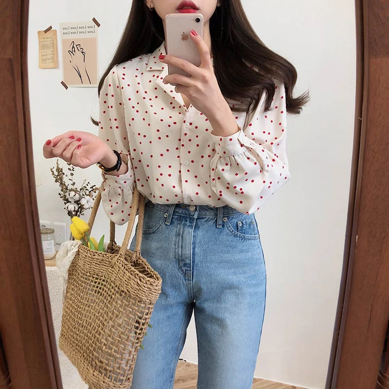  Plus Size Loose Preppy Style Shirts Blouse Women Cute Sweet Tops Polka Dot Top Korean Style Design 