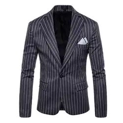 Для Мужчин's для джентльменов в английском стиле полосатый костюм Модный Slim Fit одна кнопка повседневное бизнес с лацканами пиджаки для