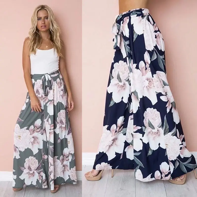 

2018 New Casual Womens Loose Pants Floral Printed Palazzo Pants High Waist Lace Up Wide Leg Casual Female Long Trousers Hot Sale