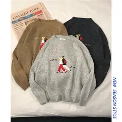 2018 зима мультфильм шаблон вышивка Повседневный свитер для мужчин Круглый средства ухода за кожей шеи пуловер корейский утолщение вязание