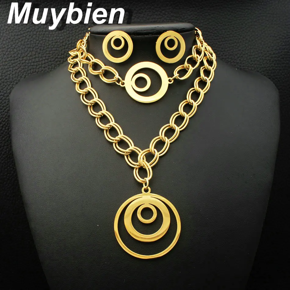 

New Fashion Pattern Stainless Steel Jewelry Gold Color Necklace And Brachlet Earrings sets For Women SFXJBWDA