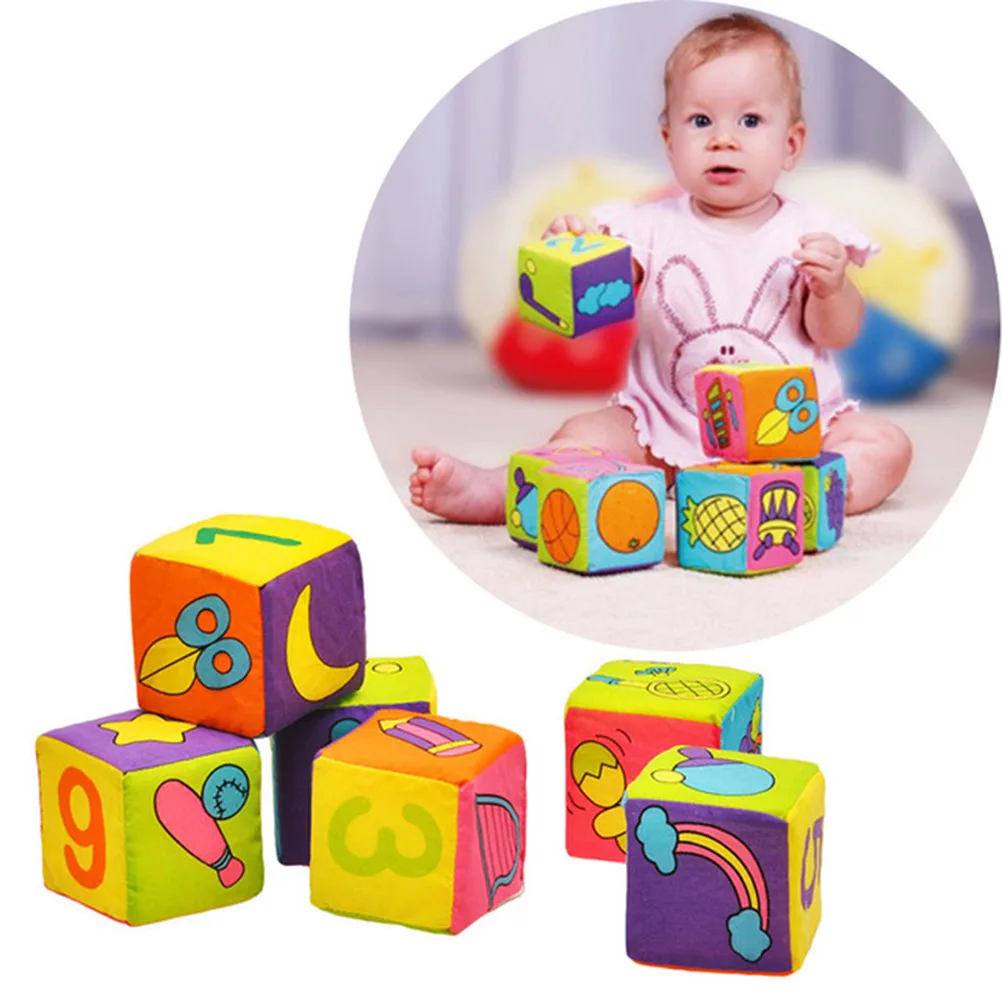 6 in 1 Set Infant Baby Cloth Soft Blocks Toy Set Rattle Handbell Educational Toys Starall Cube Cloth Building Blocks