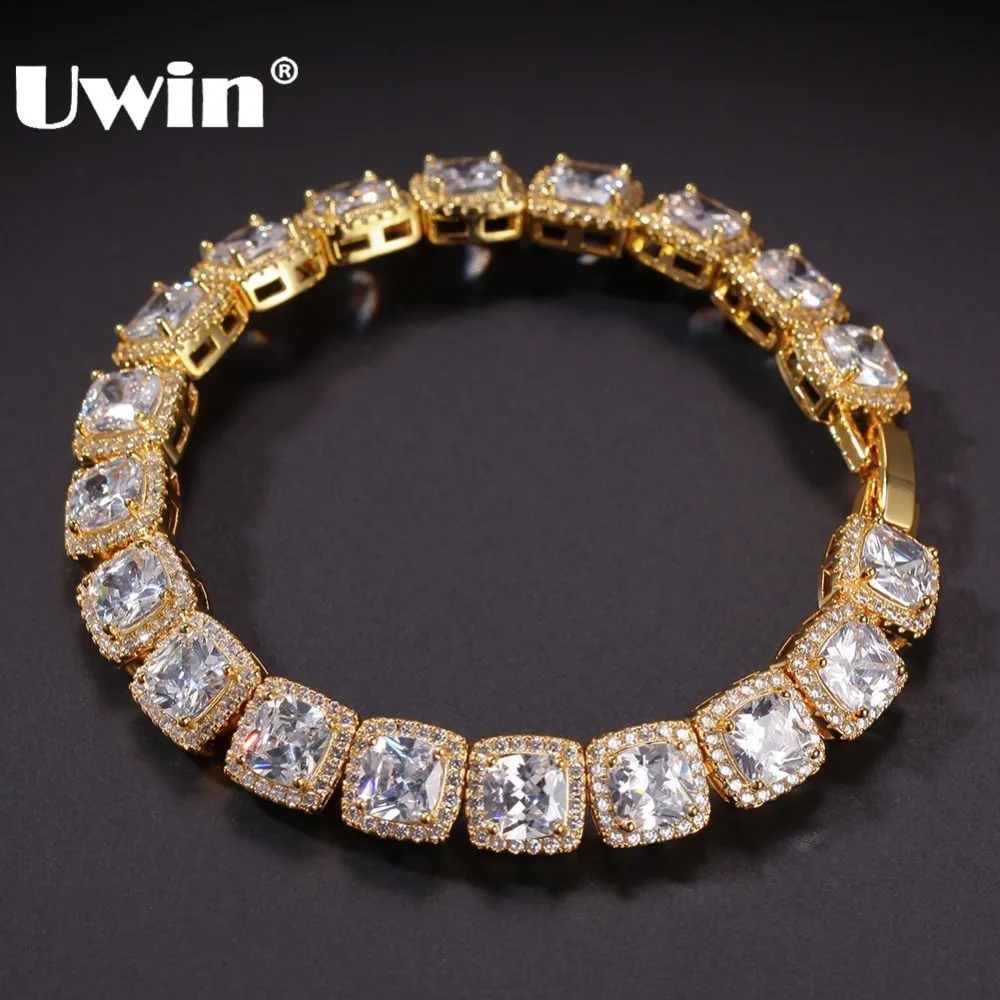 Ceny UWIN Charm mrożona bransoletka duża kwadratowa cyrkonia Hiphop złoty kolor srebrny męskie bransoletki 10mm Bling Bling biżuteria