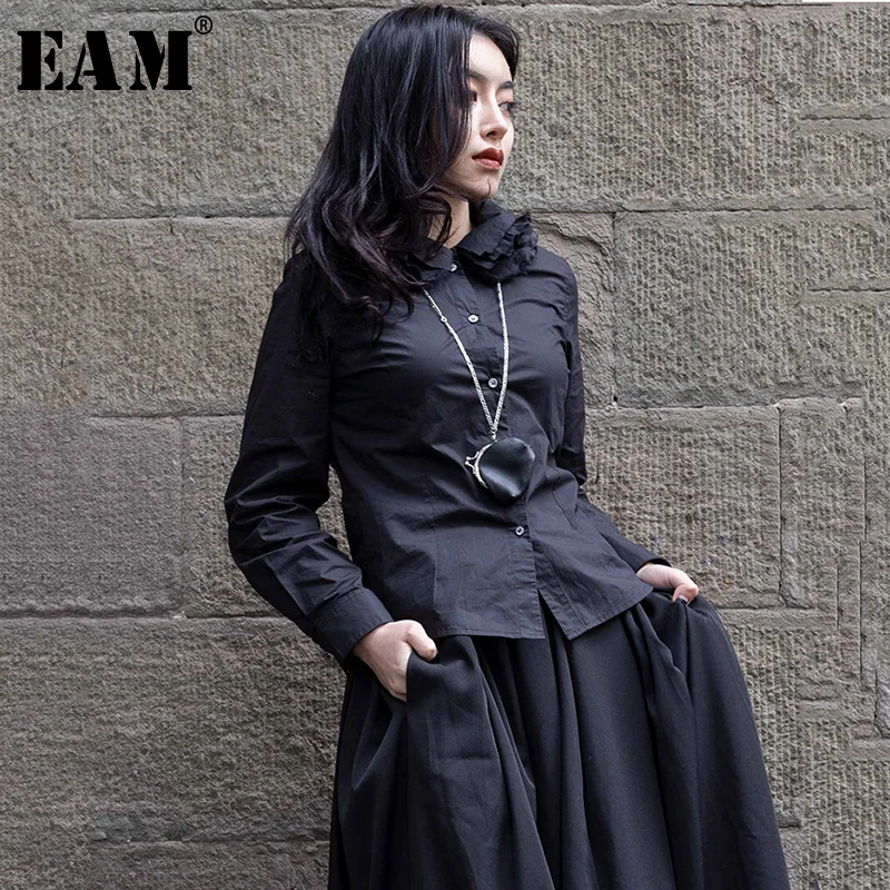 

[EAM] 2019 New Autumn Winter Black Lapel Long Sleeve Single-breasted Do Old Pleated Shirt Women Blouse Fashion Tide 1C098