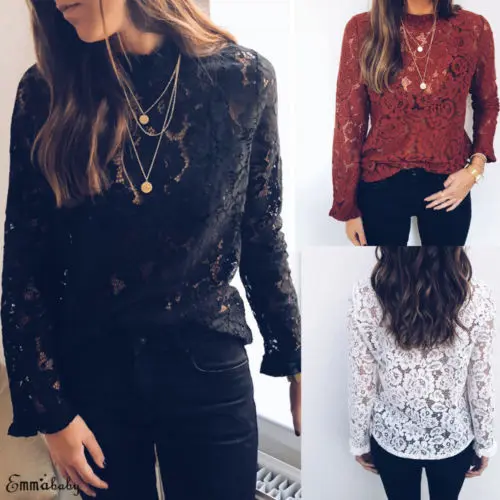 

2019 Fashion New Hot Tops Women Ladies Long Sleeve T-Shirt Hollow out Flowers Lace Jumper T-Shirts