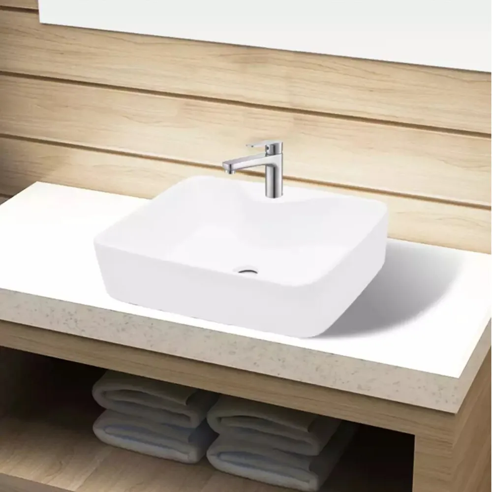 

vidaXL Modern Simplicity Ceramic Bathroom Sink Basin Rectangular with Hole for Faucet use White Square Basin Bowl