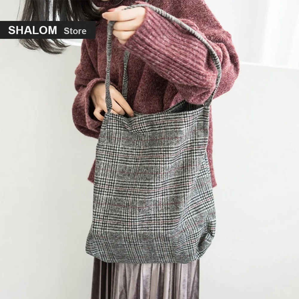 cheap New Arrivals Women Woolen Canvas Shoulder Bag Ladies Vintage Plaid Handbag Totes Female Cotton Wool Cloth Shopping Bags