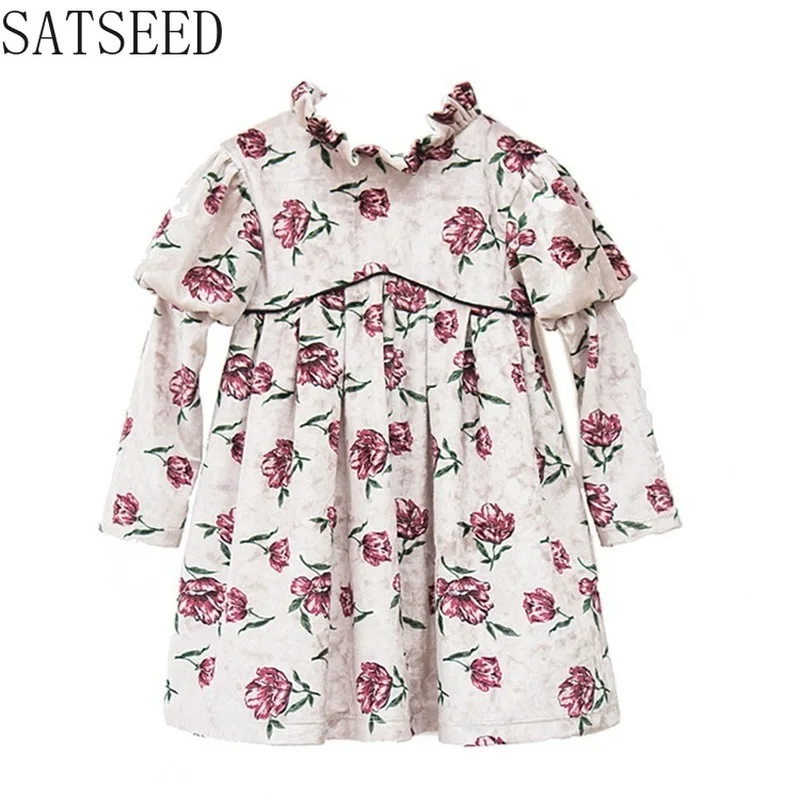 

2019 Golden Velvet Fall Kids Clothes Baby Girls Quality Flower Dress Princess Dress