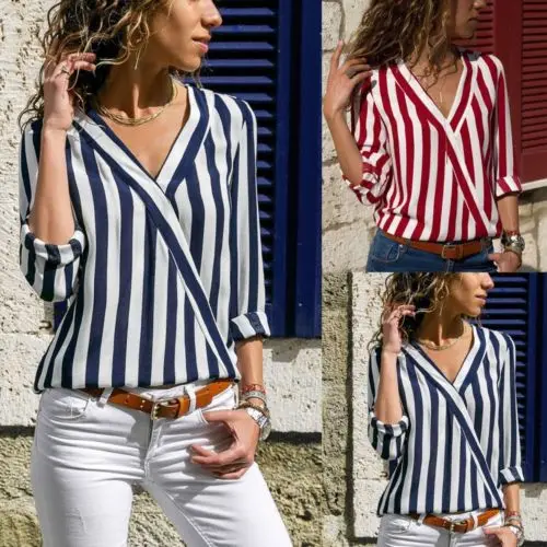 

Women Striped Blouse Shirt Long Sleeve Blouse V-neck Shirts Casual Tops Blouse et Chemisier Femme Blusas Mujer de Moda