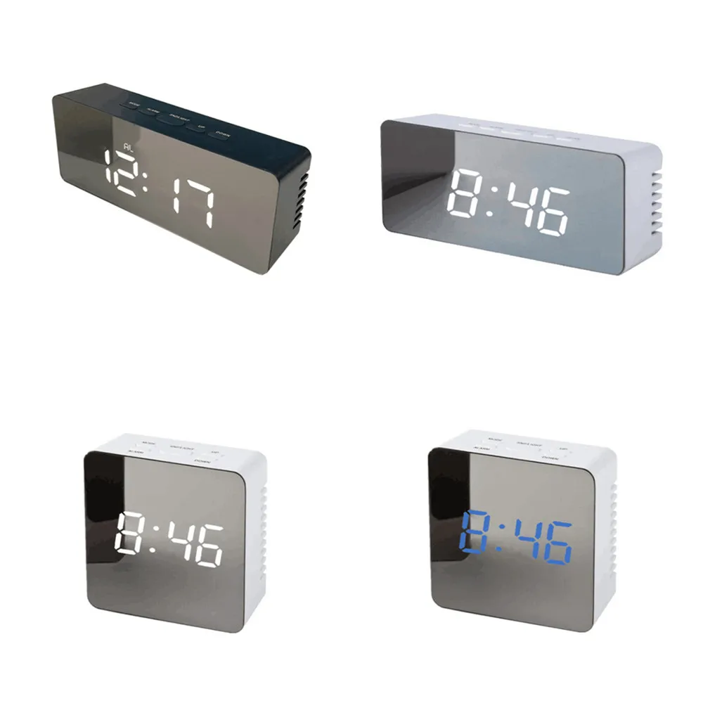 

USB Digital LED Alarm Clock 12H 24H Alarm and Snooze Function Mirror Clock Indoor Thermometer Electronic Desktop Table Clocks