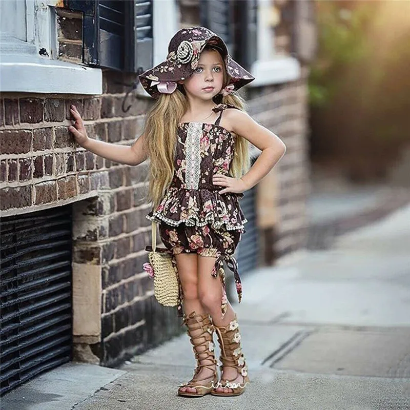 

1-6T Toddler Kdis Baby Girl Dress set Boho Beach Floral Lace Clothes set Lace Tops Short set Cute Party Princess Outfits Sunsuit