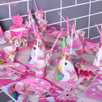 

Taoup Pink Birthday Unicorn Horns Hats Unicornio Tableware Set Napkins Cake Topper Banners Unicorn Party Decor Babyshower Girl