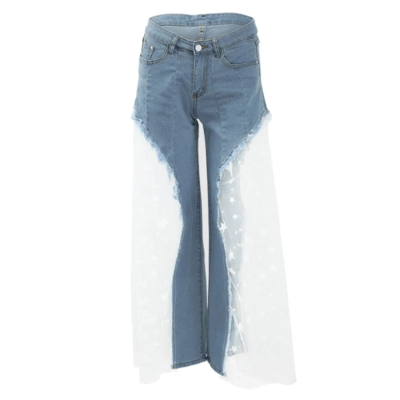 

2019 Arrivals Fashion Sexy Women Splice Wide Leg Denim Pants Sheer Mesh Stars Print High Waist Loose Pants female Casual Jeans